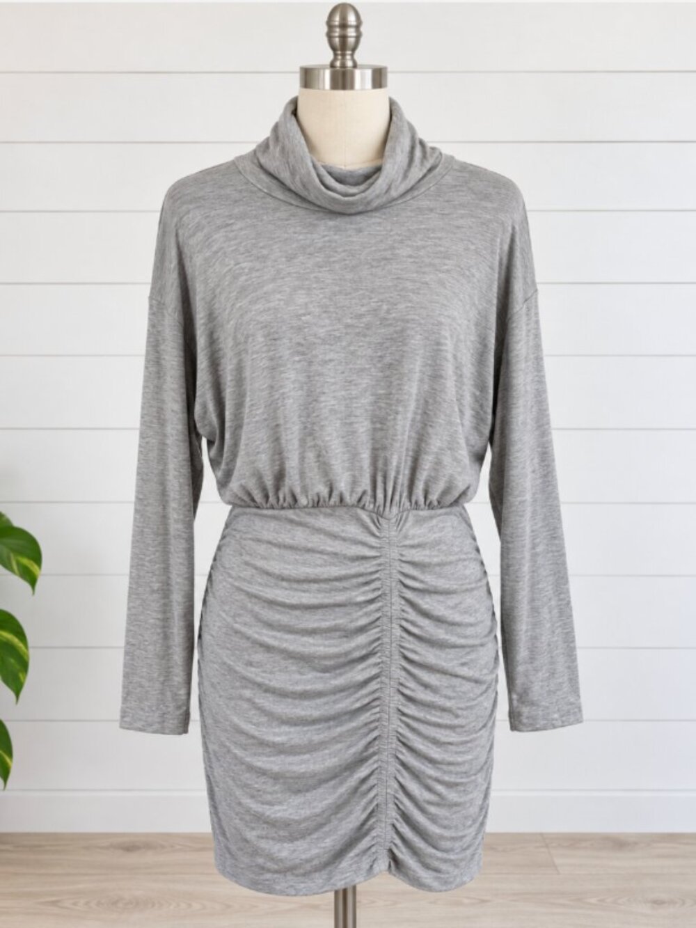FRAICHE by J Women's Ruched Turtleneck Long Sleeve Mini Dress Size L - Gray NWT